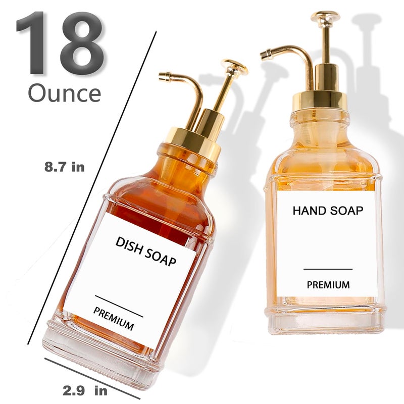 Hoousuper Dish Soap Dispenser for Kitchen, Hand Glass Soap Dispenser Set with Pump, Funnel for Bathroom, Shower, Laundry, Liquid, Lotion (Gold 2 Pack 18 Oz Clear Bottles with 12 Stickers) - Image 3
